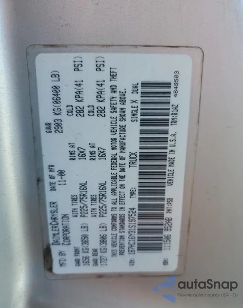 2001 Dodge Ram 1500 z USA, uszkodzony, nr VIN 1B7HC16Y31S197524